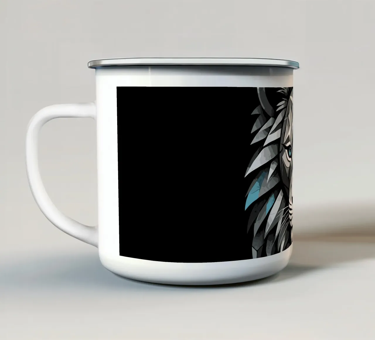 Leone geometrico in bianco e blu ciano tazza in smalto da LM2KONE