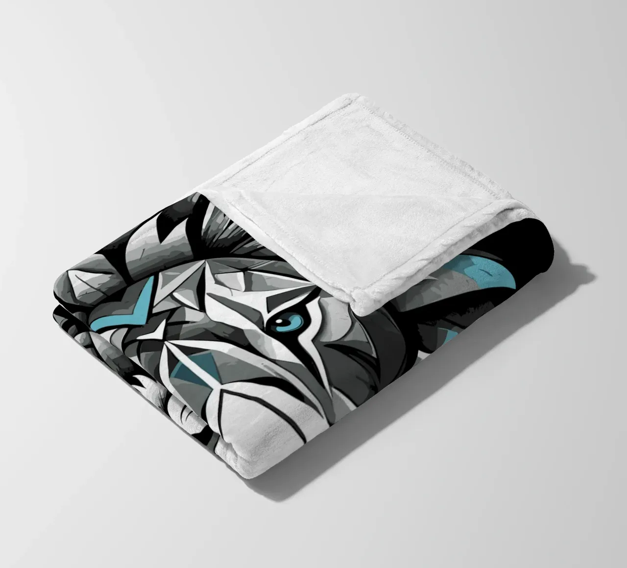 Leone geometrico in bianco e blu ciano coperta in pile da LM2KONE