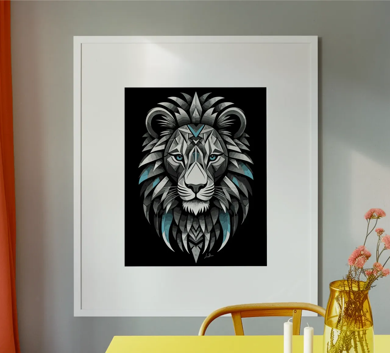 Leone geometrico in bianco e blu ciano carta hahnemühle da LM2KONE