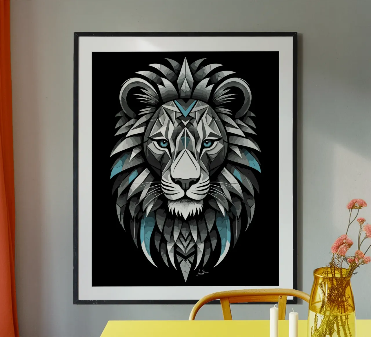 Leone geometrico in bianco e blu ciano poster da LM2Kone