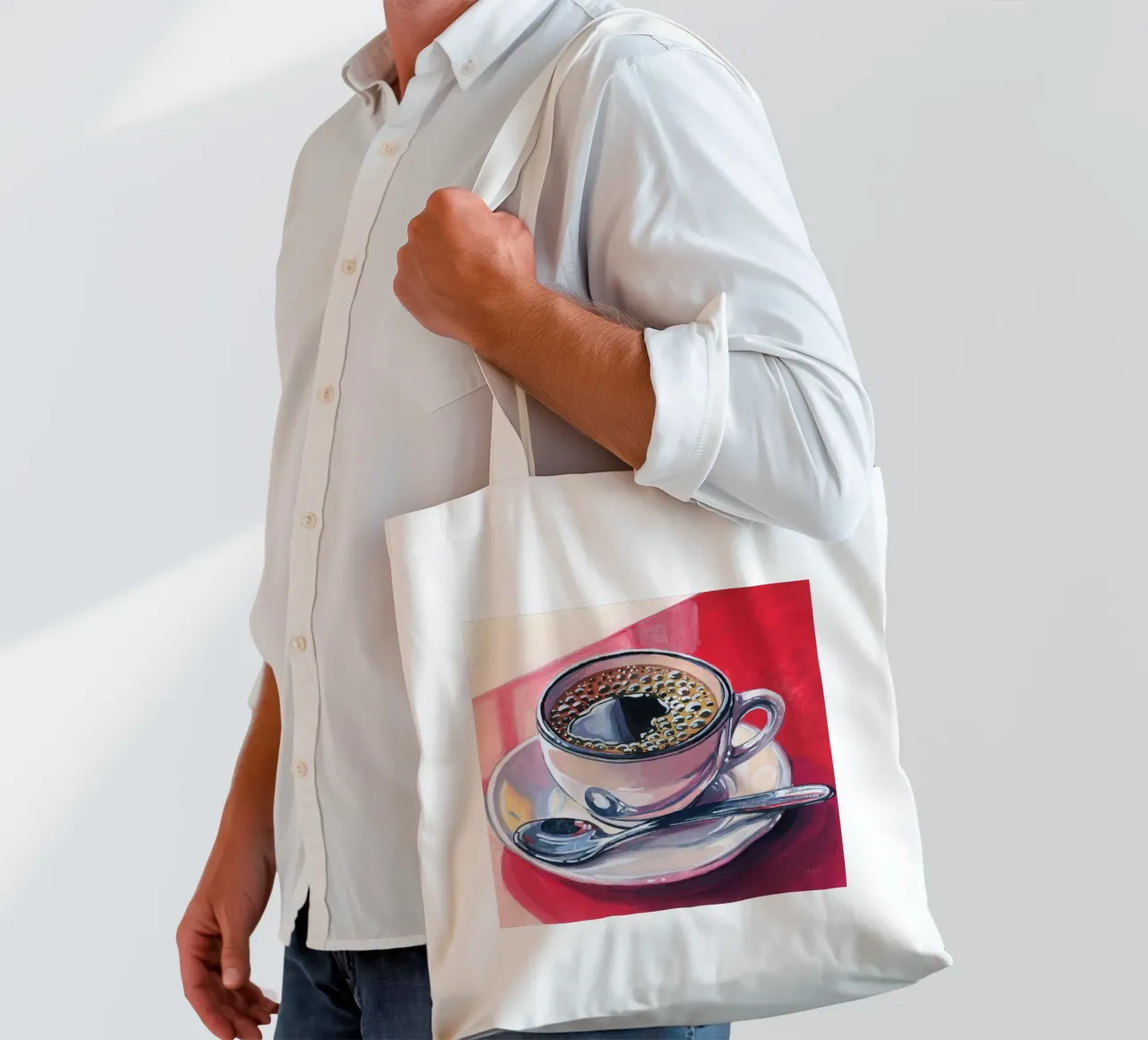 Caffè nero sul bancone borsa in juta da John Boss