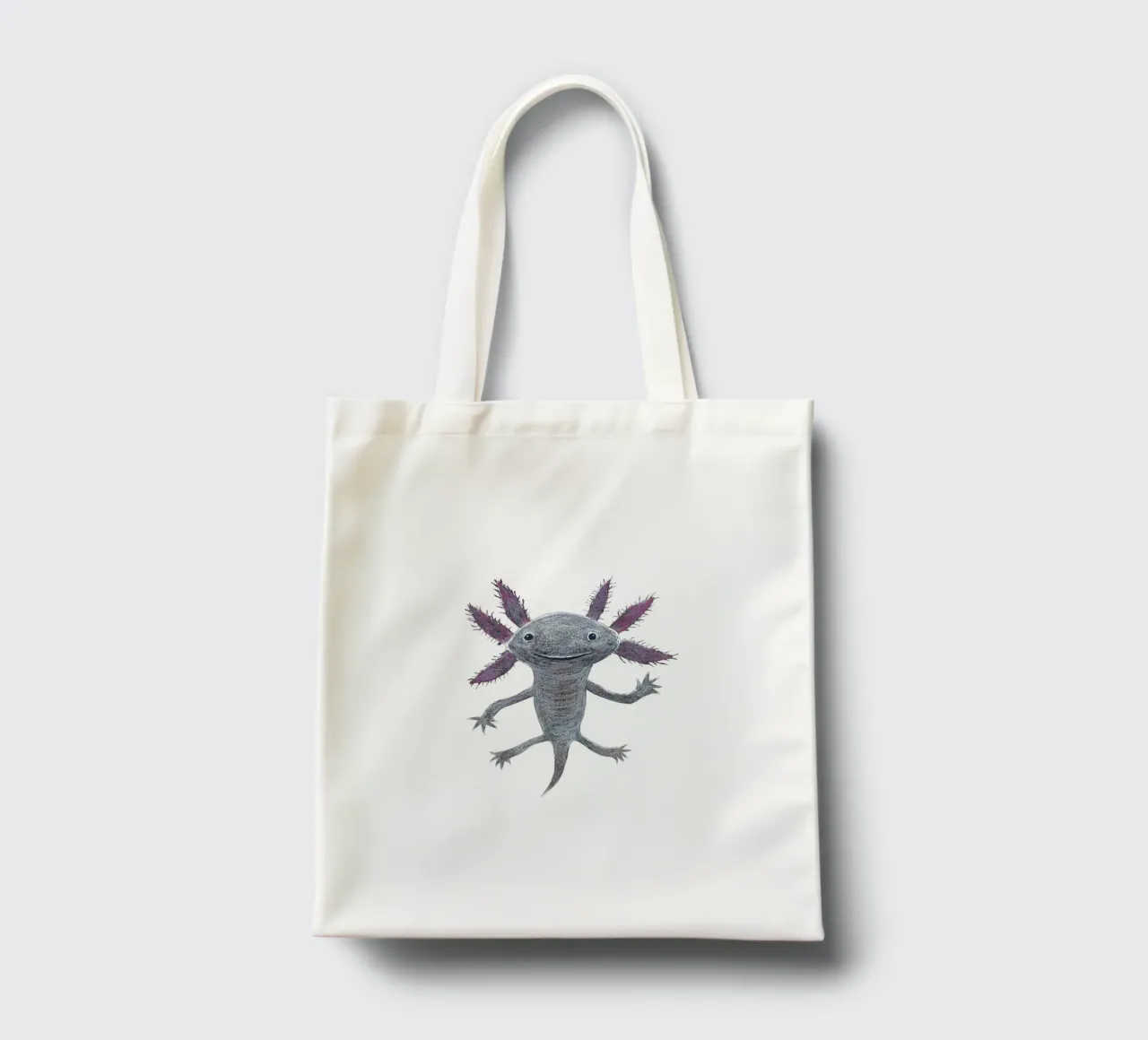 Disegno a matita colorata di un simpatico axolotl borsa in juta da BwiseLizzy