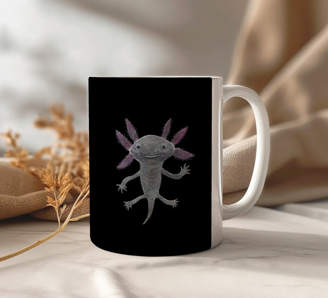Disegno a matita colorata di un simpatico axolotl tazza in ceramica da BwiseLizzy
