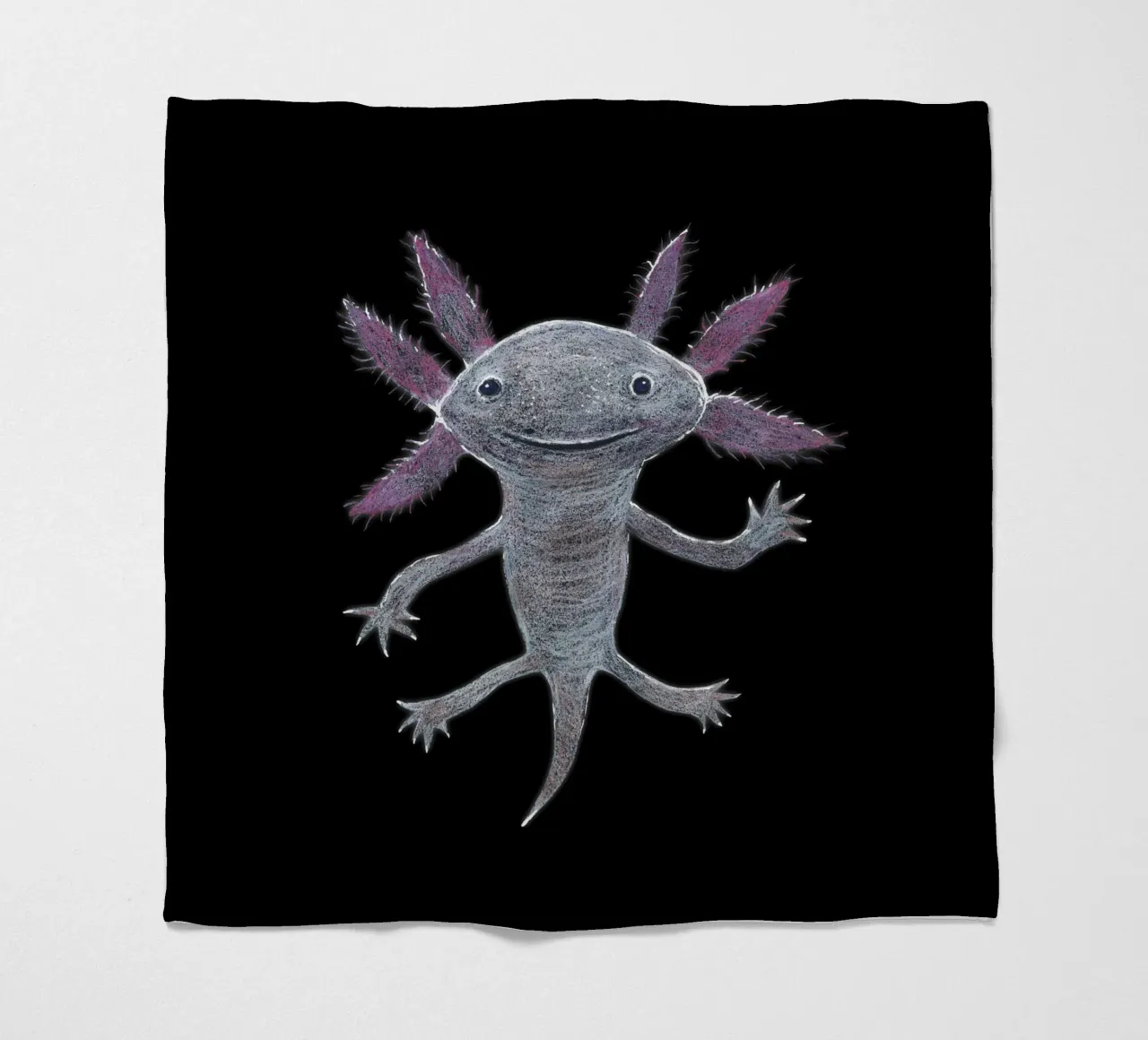 Disegno a matita colorata di un simpatico axolotl coperta in pile da BwiseLizzy