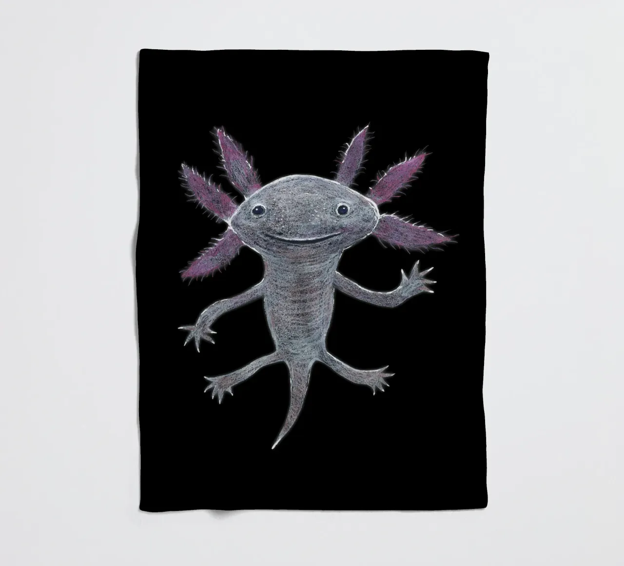 Disegno a matita colorata di un simpatico axolotl coperta in pile da BwiseLizzy