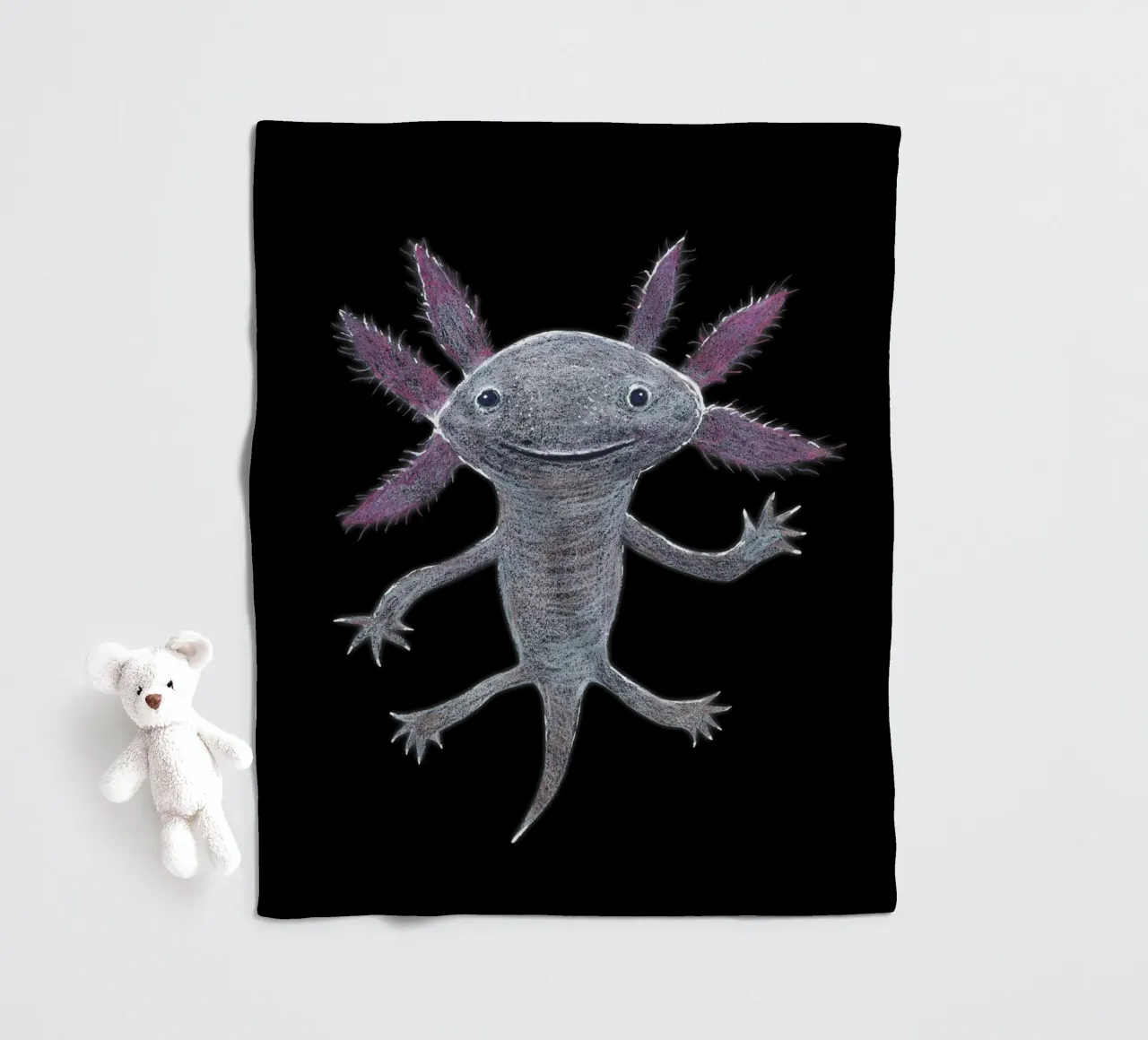 Disegno a matita colorata di un simpatico axolotl coperta in pile da BwiseLizzy