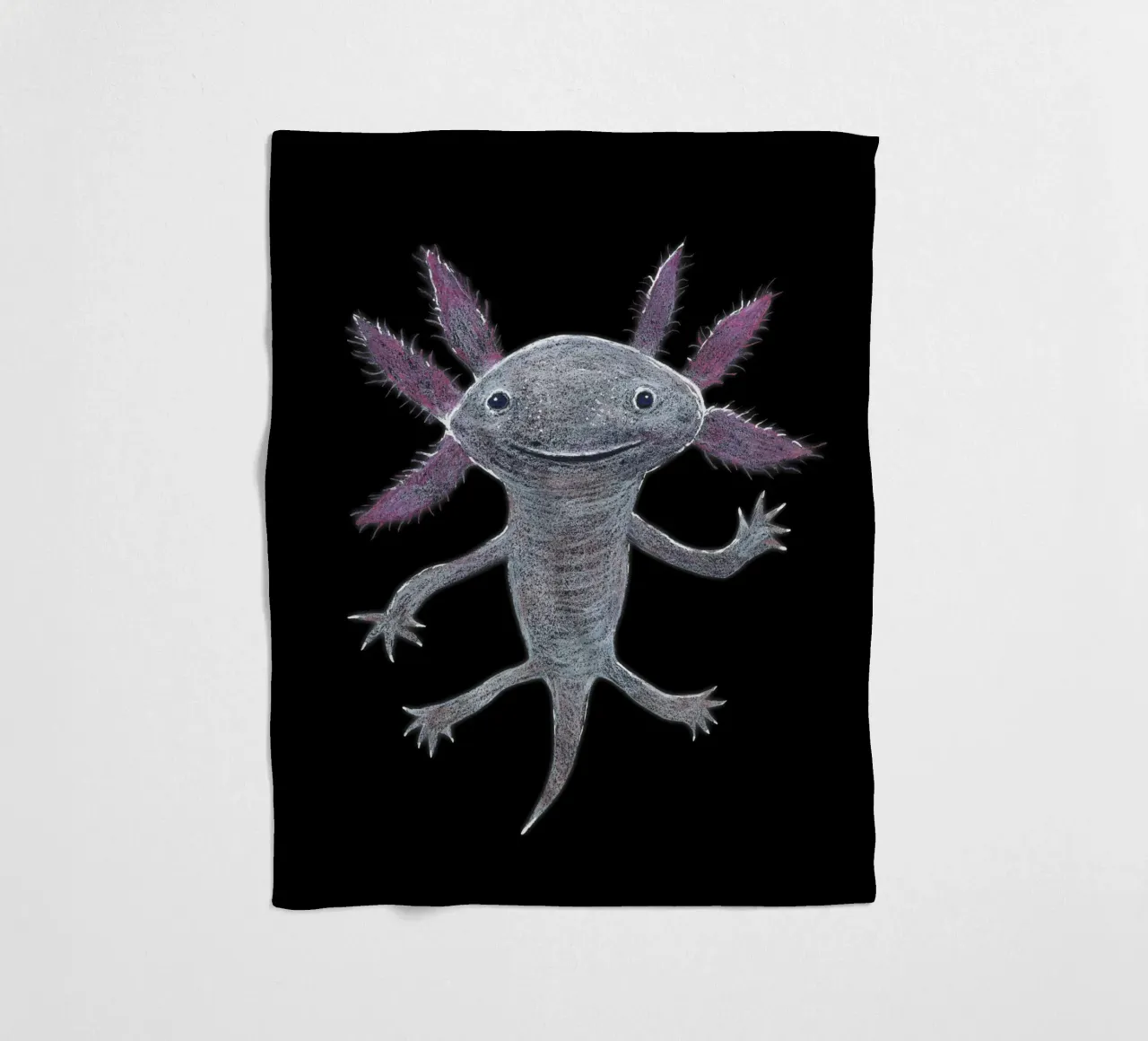 Disegno a matita colorata di un simpatico axolotl coperta in pile da BwiseLizzy