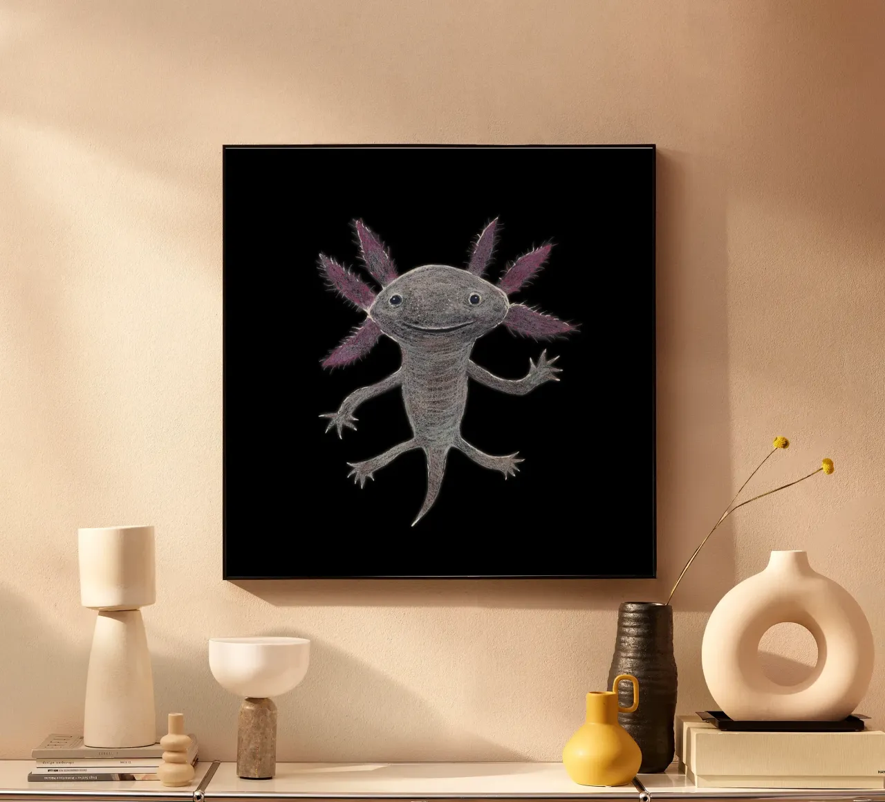 Disegno a matita colorata di un simpatico axolotl alluminio dibond da BwiseLizzy
