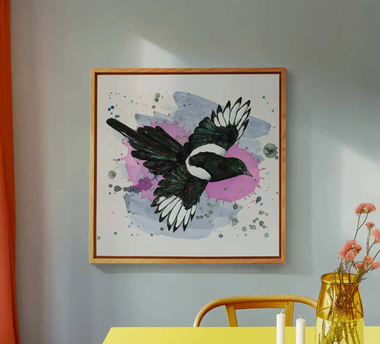 A watercolor drawing of a flying magpie acrylic glass by BwiseLizzy
