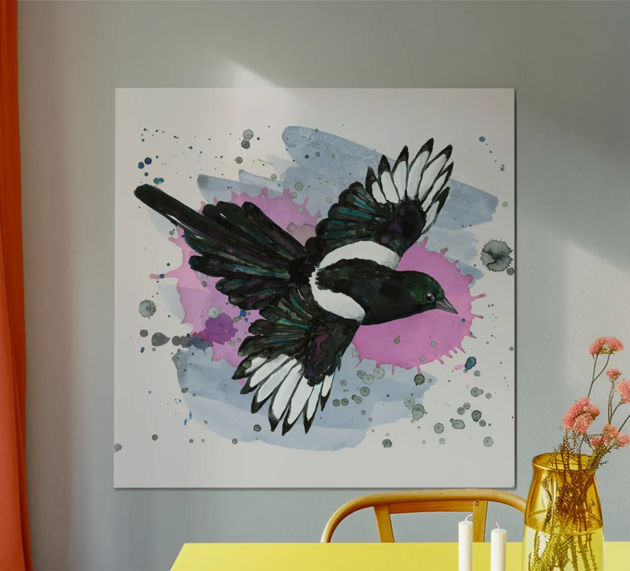 Eine Aquarellzeichnung einer fliegenden Elster Poster von BwiseLizzy