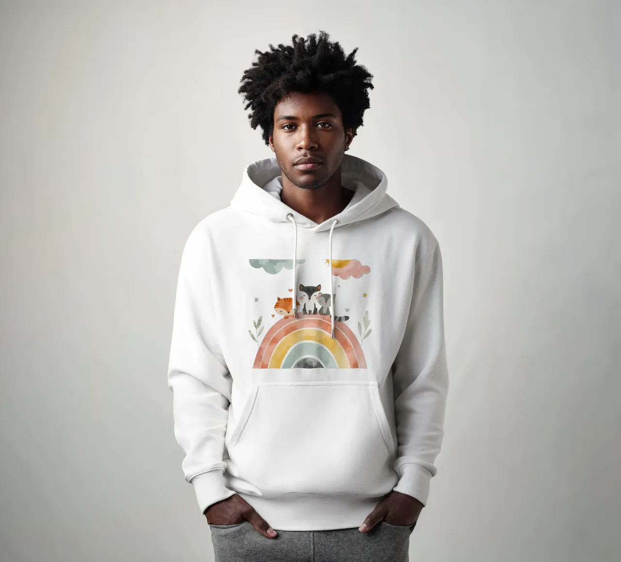 Simpáticos animales de dibujos animados en un arco iris con soles y nubes sudadera con capucha de DesignDoodle