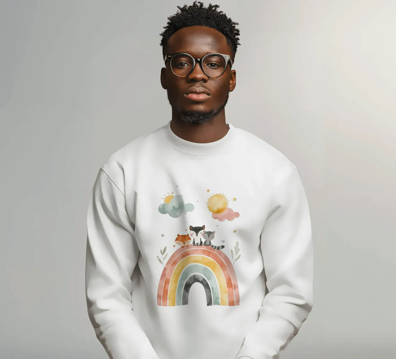 Simpáticos animales de dibujos animados en un arco iris con soles y nubes sudadera de DesignDoodle