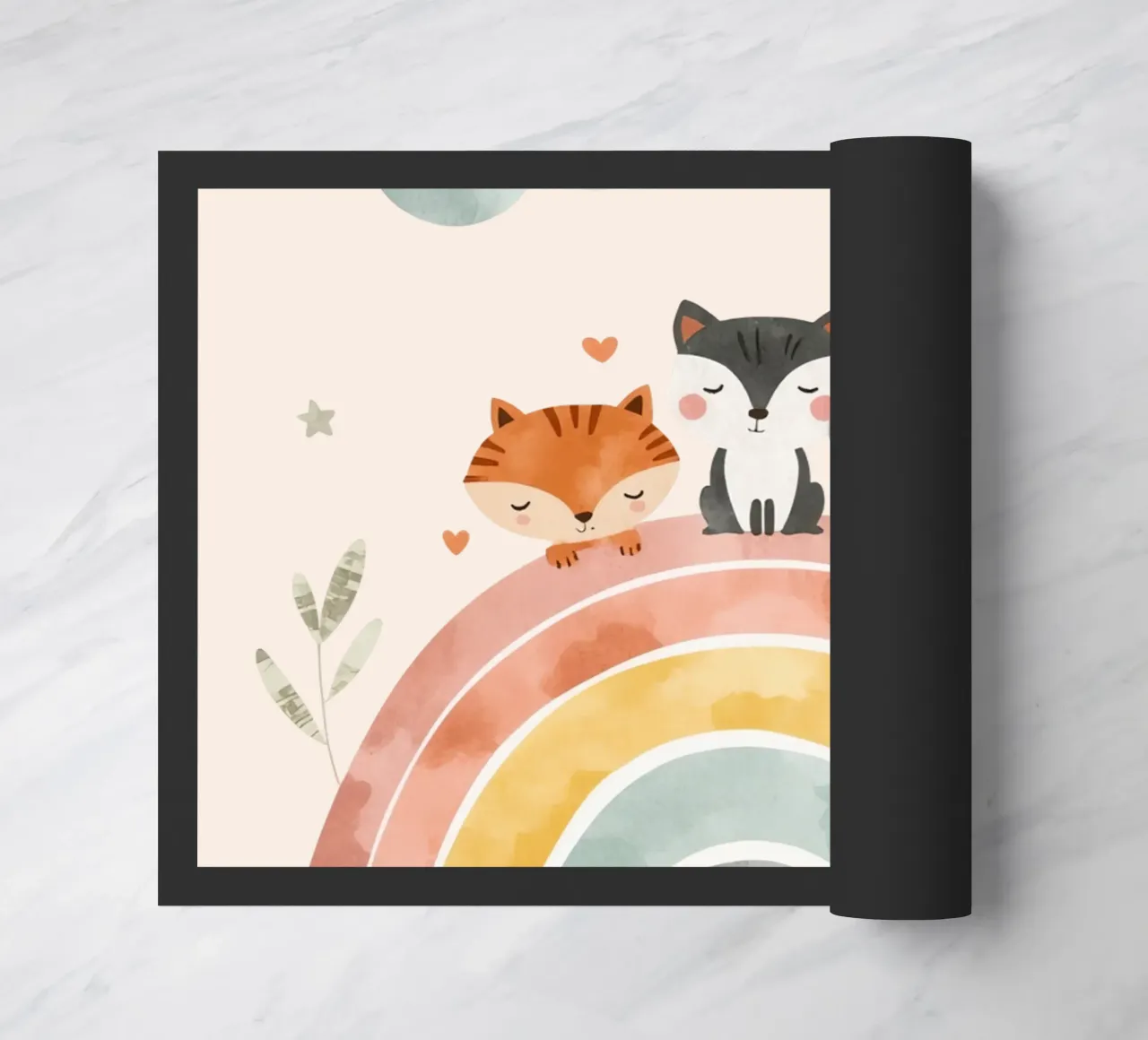 Simpáticos animales de dibujos animados en un arco iris con soles y nubes felpudo de DesignDoodle