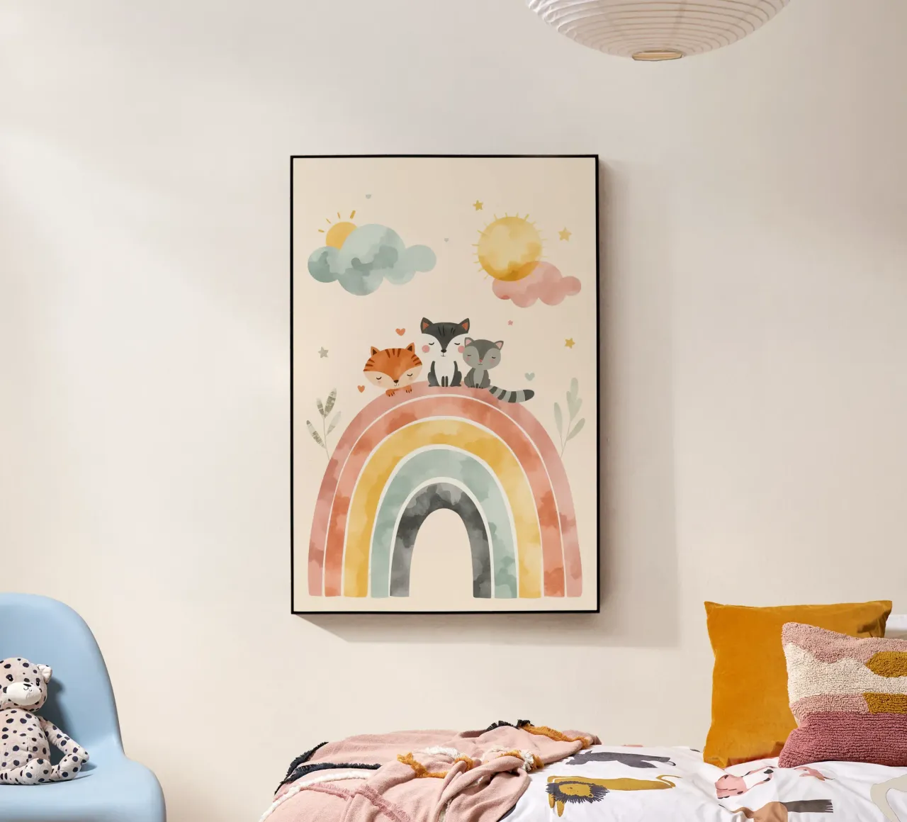 Simpáticos animales de dibujos animados en un arco iris con soles y nubes metacrilato de DesignDoodle