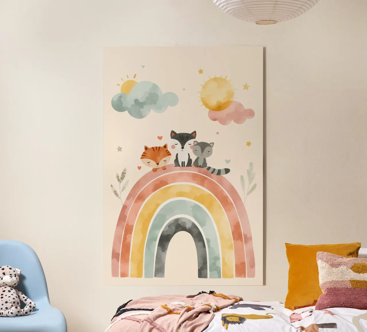Simpáticos animales de dibujos animados en un arco iris con soles y nubes metacrilato de DesignDoodle