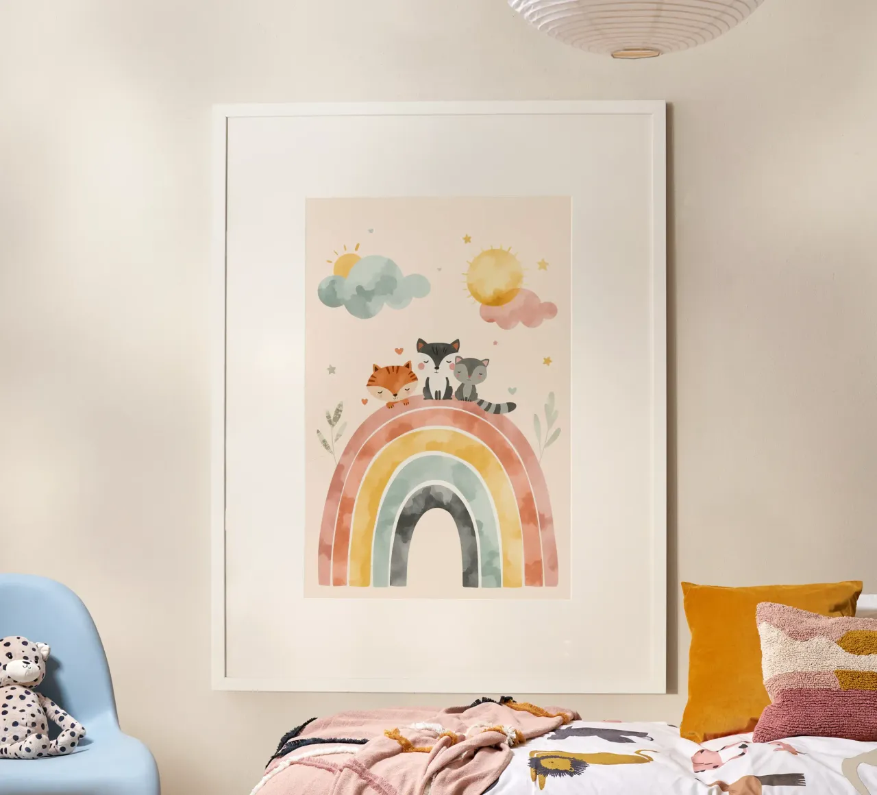 Simpáticos animales de dibujos animados en un arco iris con soles y nubes hahnemühle de DesignDoodle