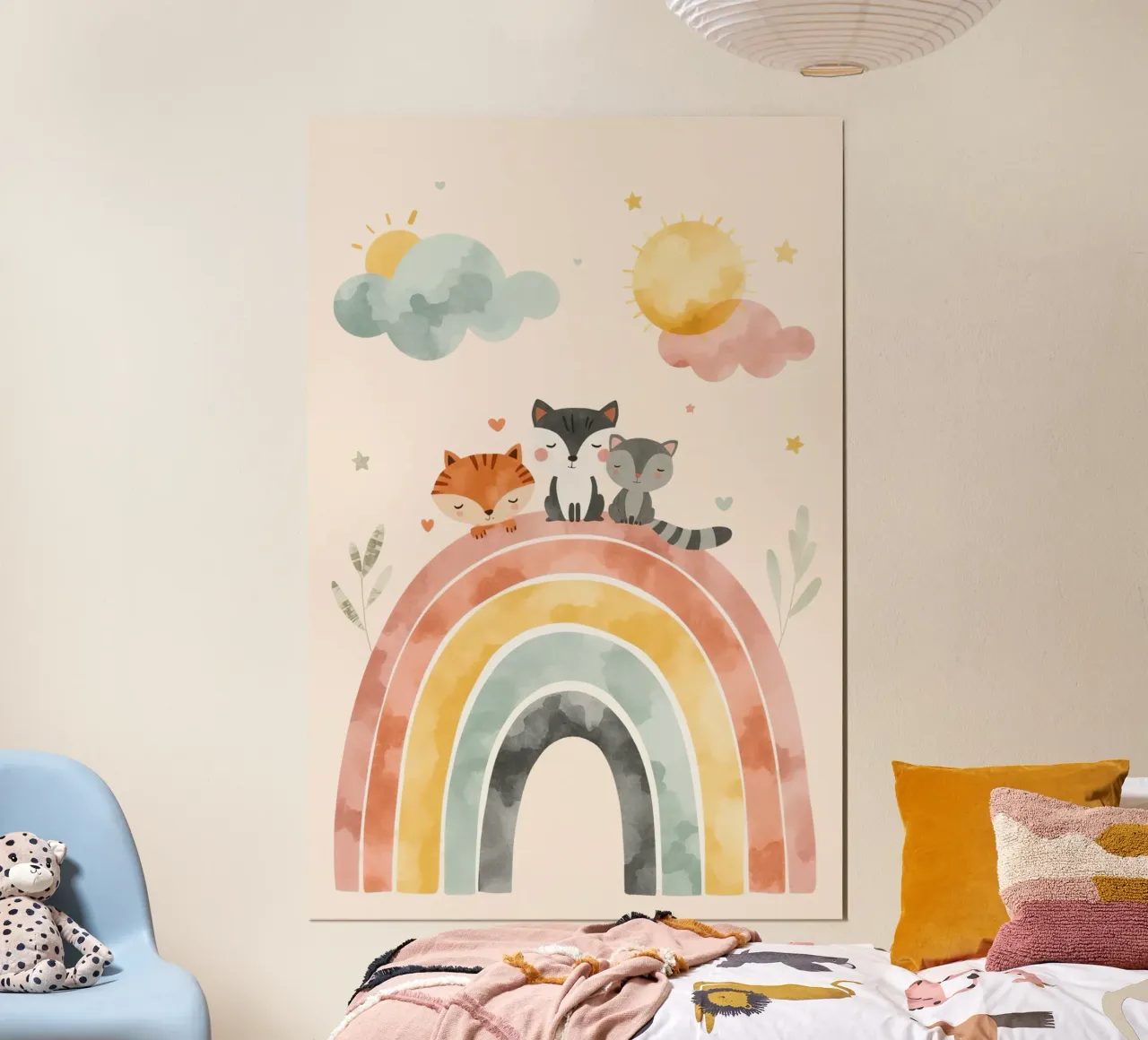 Simpáticos animales de dibujos animados en un arco iris con soles y nubes hahnemühle de DesignDoodle