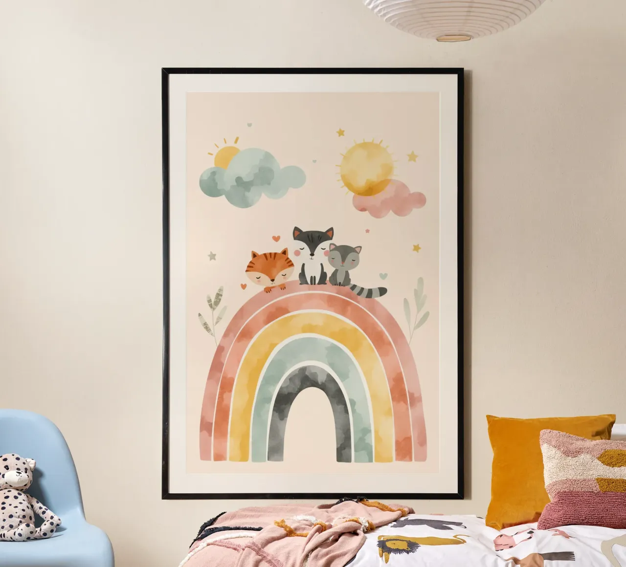 Simpáticos animales de dibujos animados en un arco iris con soles y nubes hahnemühle de DesignDoodle