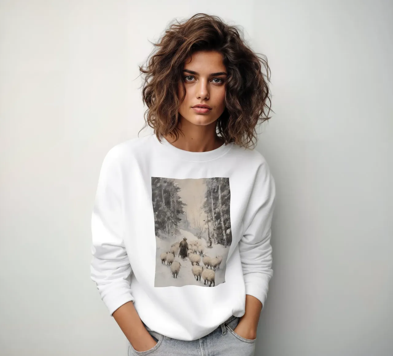 Winter Schäfer – Shepherd with Sheep Art Print Sweatshirt von Cozy Vibes