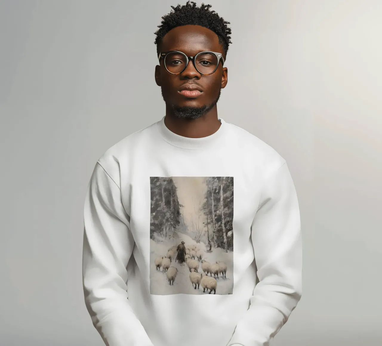 Winter Schäfer – Shepherd with Sheep Art Print Sweatshirt von Cozy Vibes
