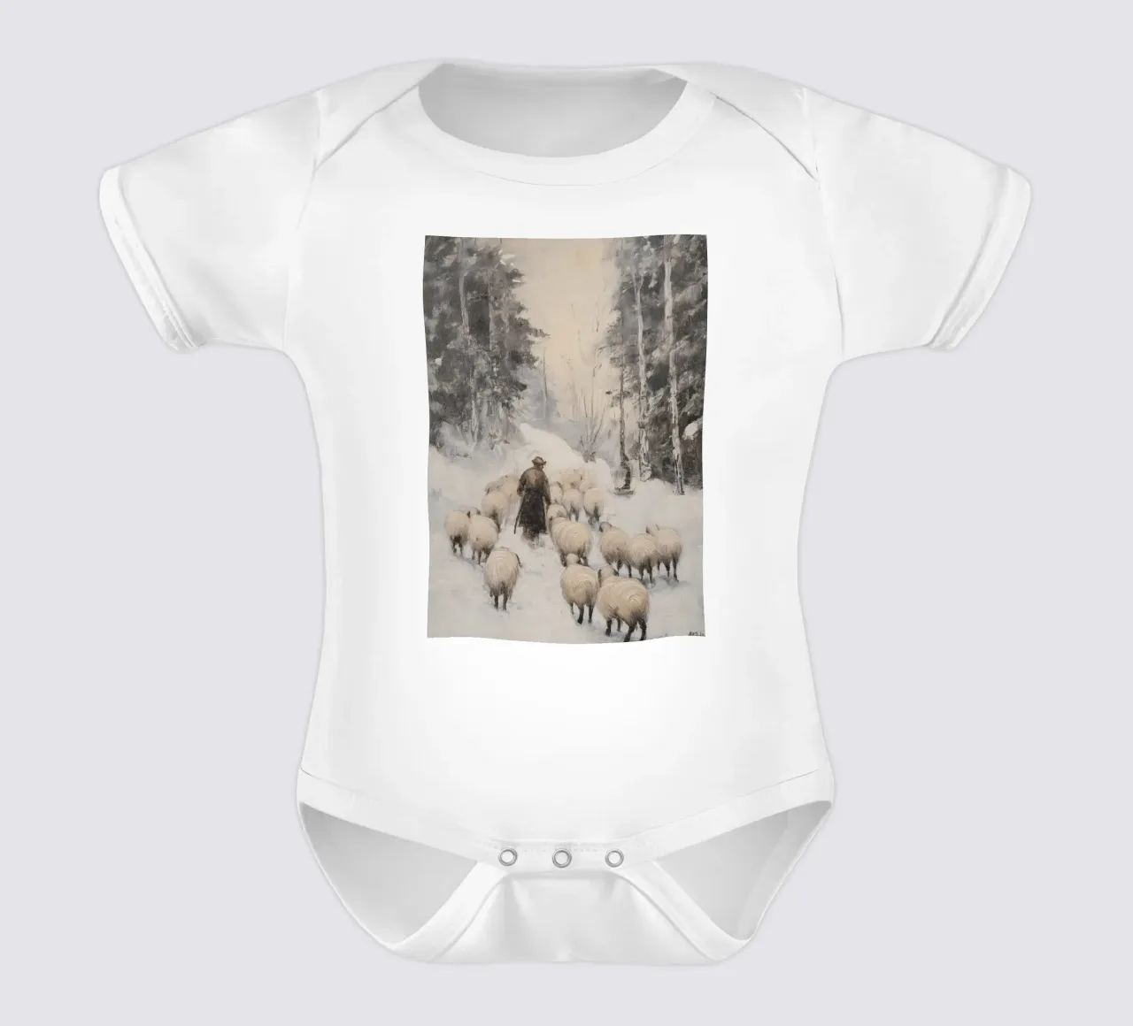 Winter Schäfer – Shepherd with Sheep Art Print Kurzarm Babybody von Cozy Vibes