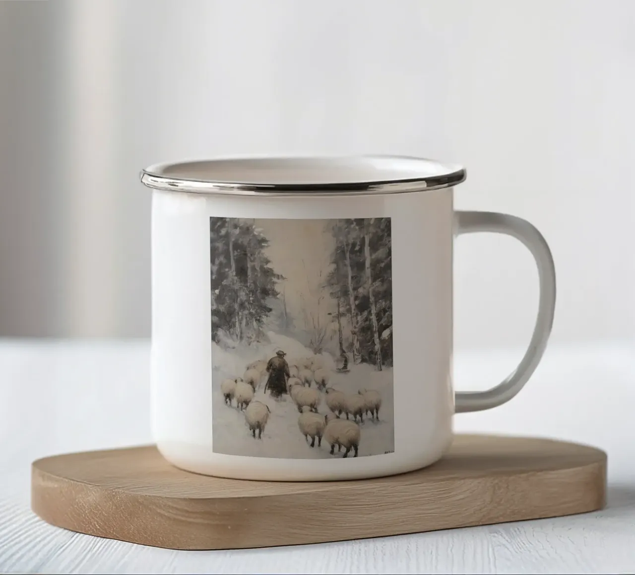 Winter Schäfer – Shepherd with Sheep Art Print Emaille Tasse von Cozy Vibes