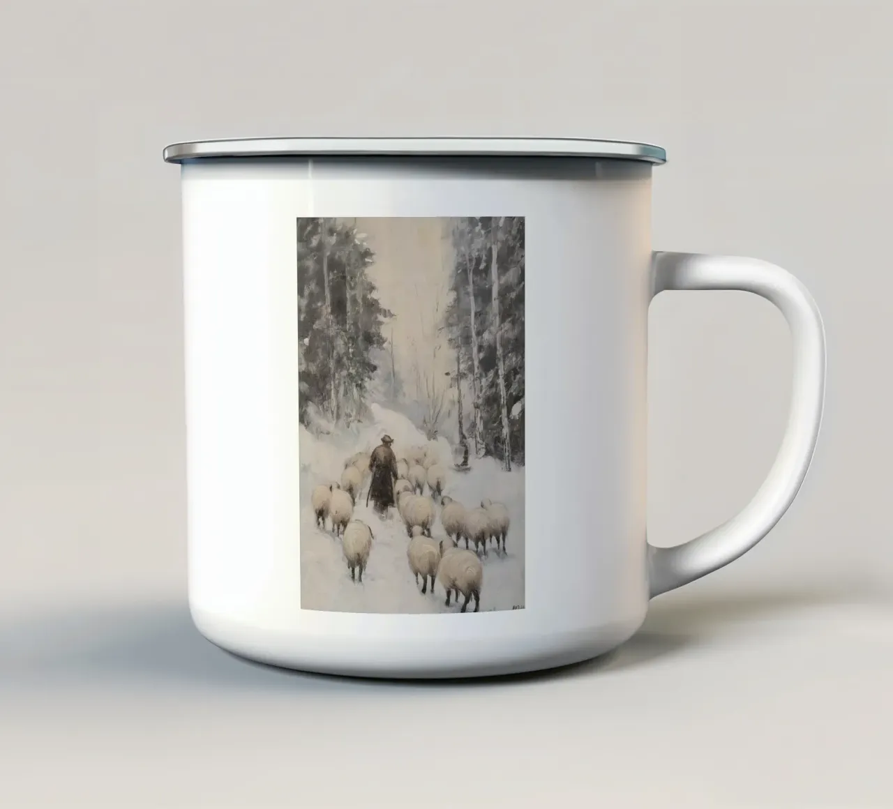 Winter Schäfer – Shepherd with Sheep Art Print Emaille Tasse von Cozy Vibes