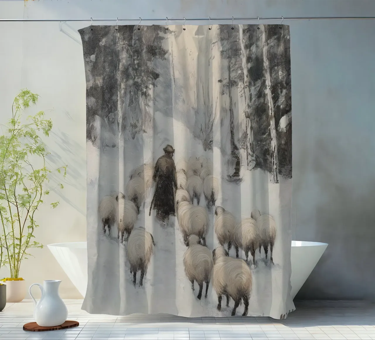 Winter Schäfer – Shepherd with Sheep Art Print Duschvorhang von Cozy Vibes