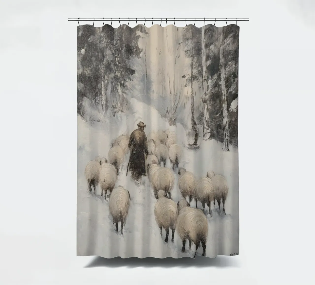 Winter Schäfer – Shepherd with Sheep Art Print Duschvorhang von Cozy Vibes