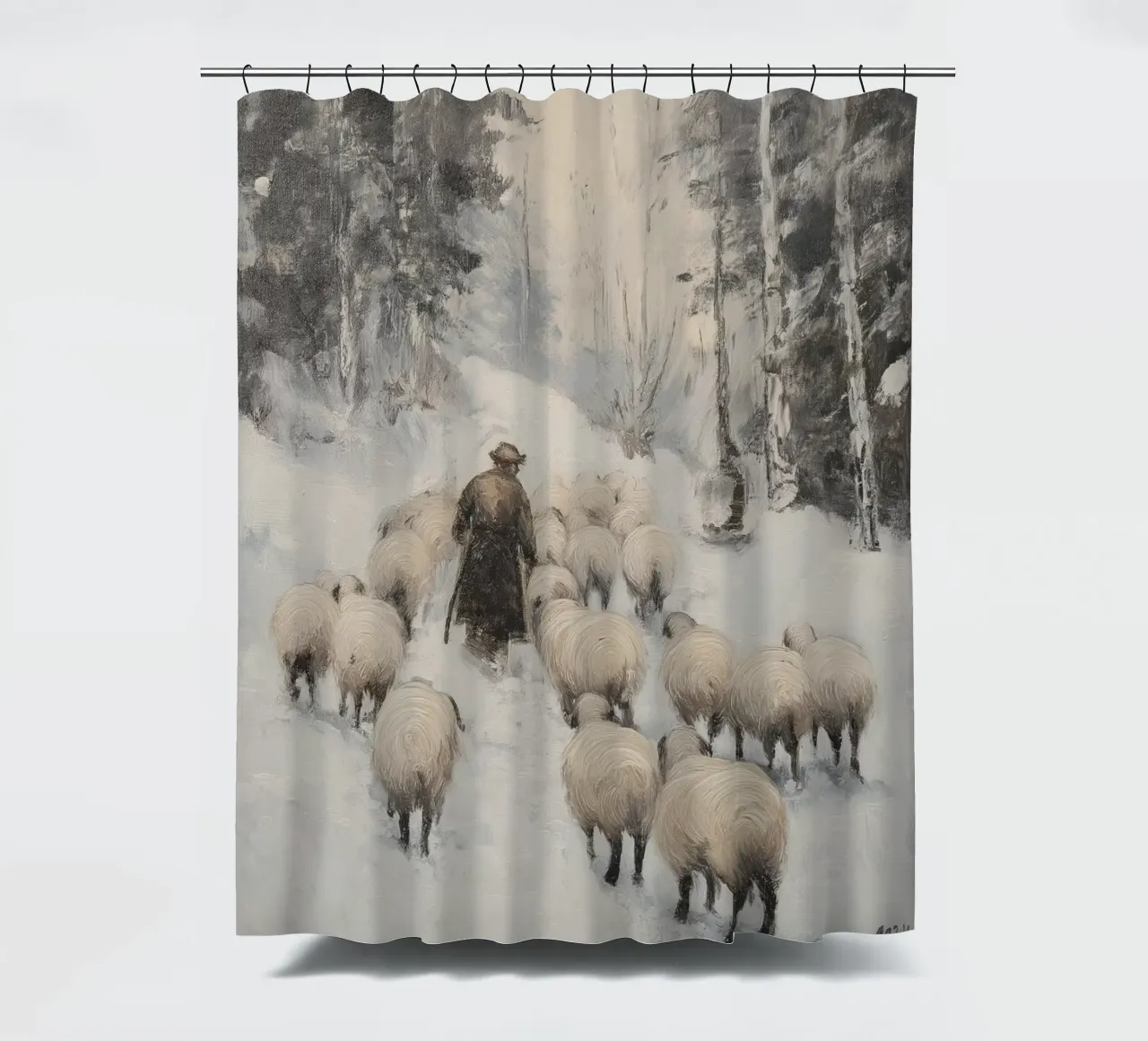 Winter Schäfer – Shepherd with Sheep Art Print Duschvorhang von Cozy Vibes