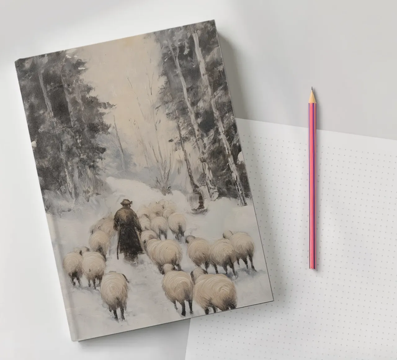 Winter Shepherd - Shepherd with Sheep Art Print notebook by Cozy Vibes