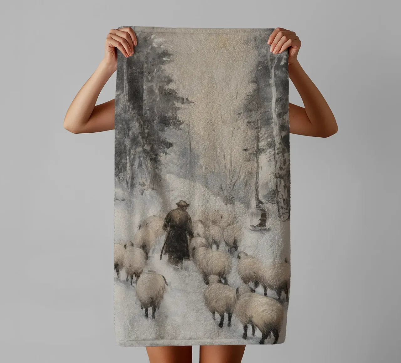 Winter Schäfer – Shepherd with Sheep Art Print Handtuch von Cozy Vibes