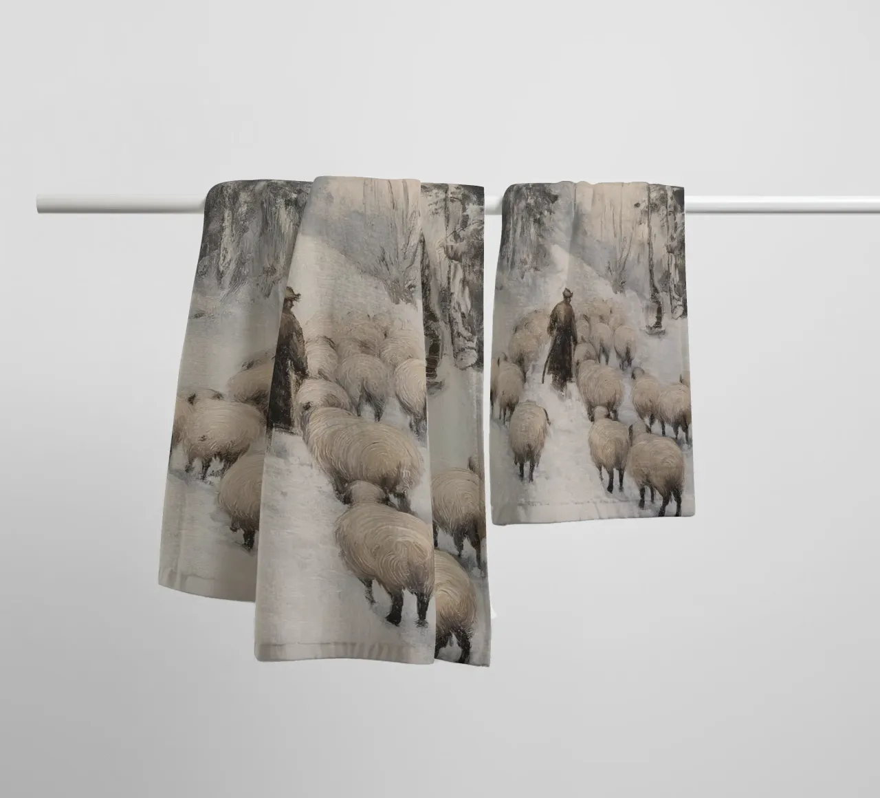Winter Schäfer – Shepherd with Sheep Art Print Handtuch von Cozy Vibes