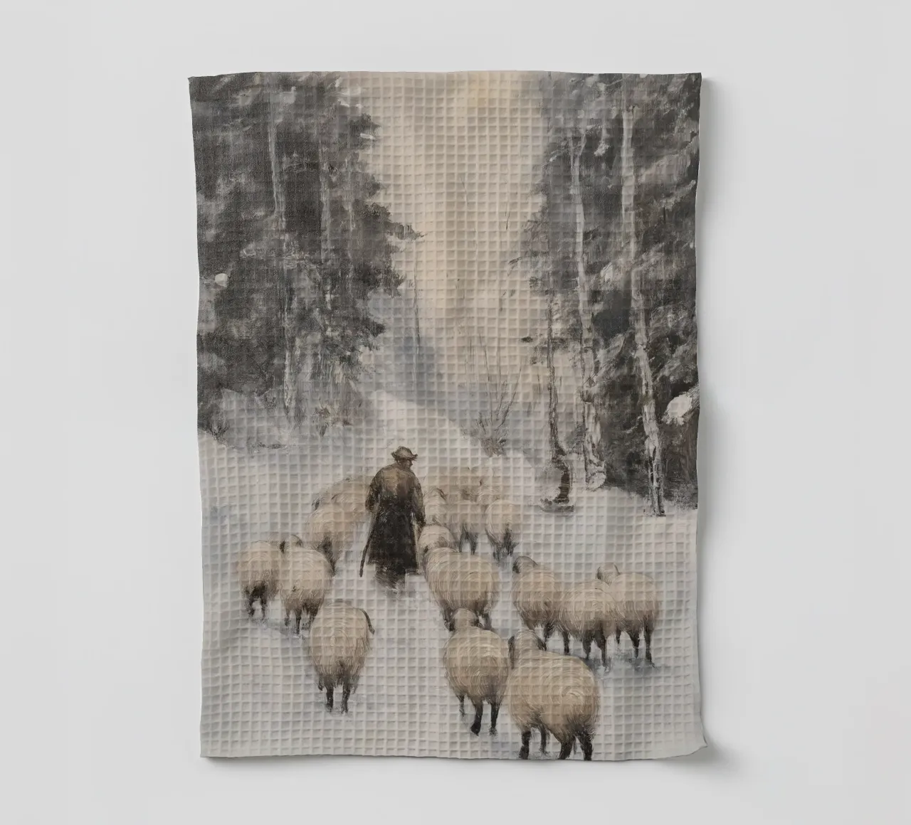Berger d'hiver - Shepherd with Sheep Art Print torchon de Cozy Vibes
