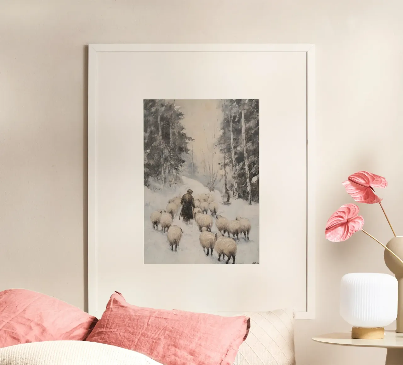 Winter Schäfer – Shepherd with Sheep Art Print Hahnemühle von Cozy Vibes