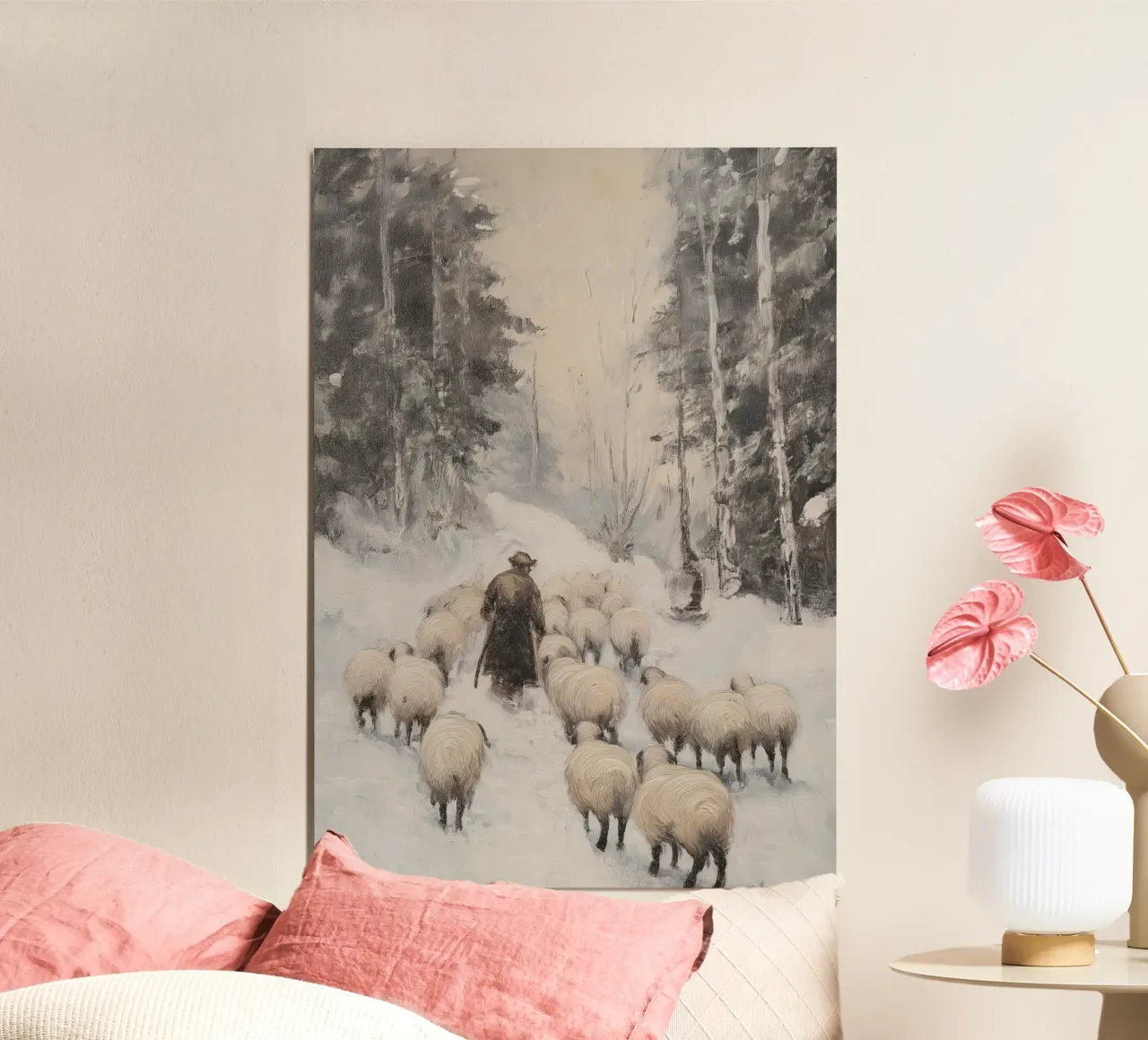 Winter Schäfer – Shepherd with Sheep Art Print Hahnemühle von Cozy Vibes