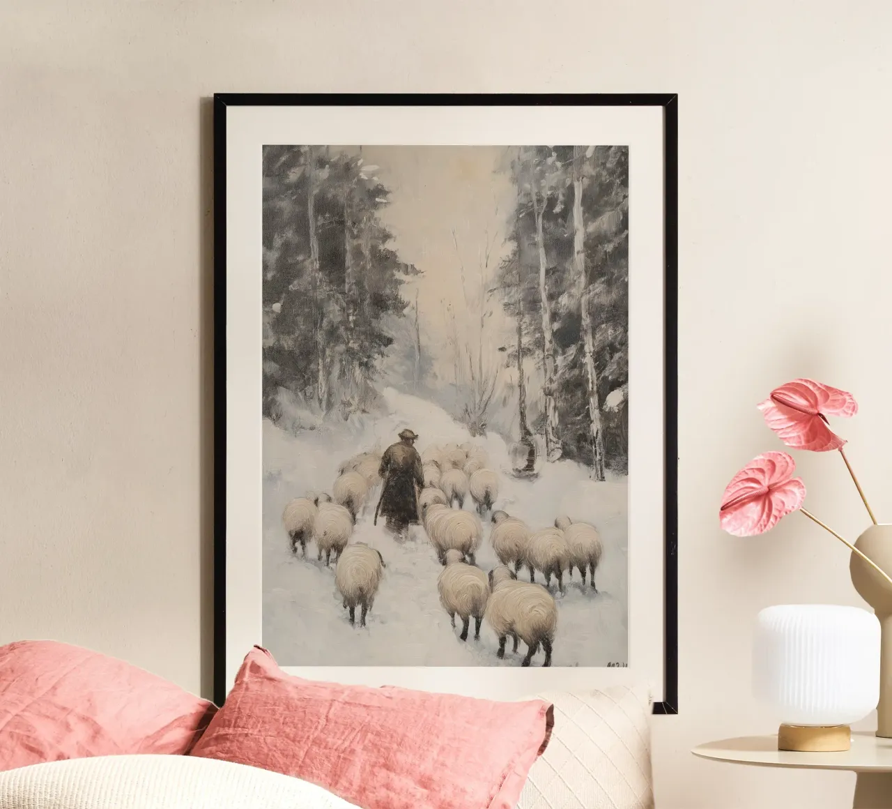 Winter Schäfer – Shepherd with Sheep Art Print Hahnemühle von Cozy Vibes