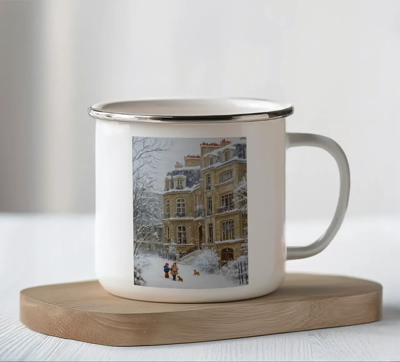 Città vecchia d'inverno - Stampa artistica della città innevata tazza in smalto da Cozy Vibes