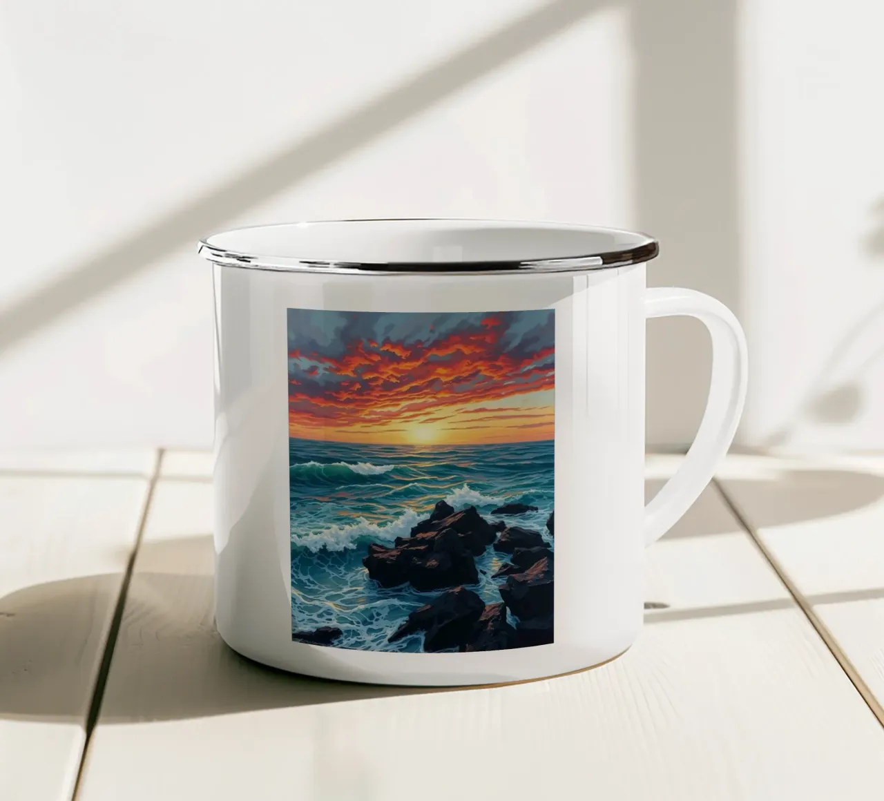 Tramonto infuocato sulle onde che si infrangono tazza in smalto da Artistic-shop