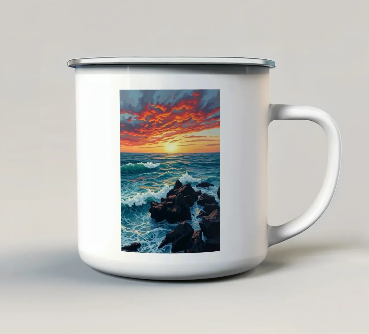 Tramonto infuocato sulle onde che si infrangono tazza in smalto da Artistic-shop
