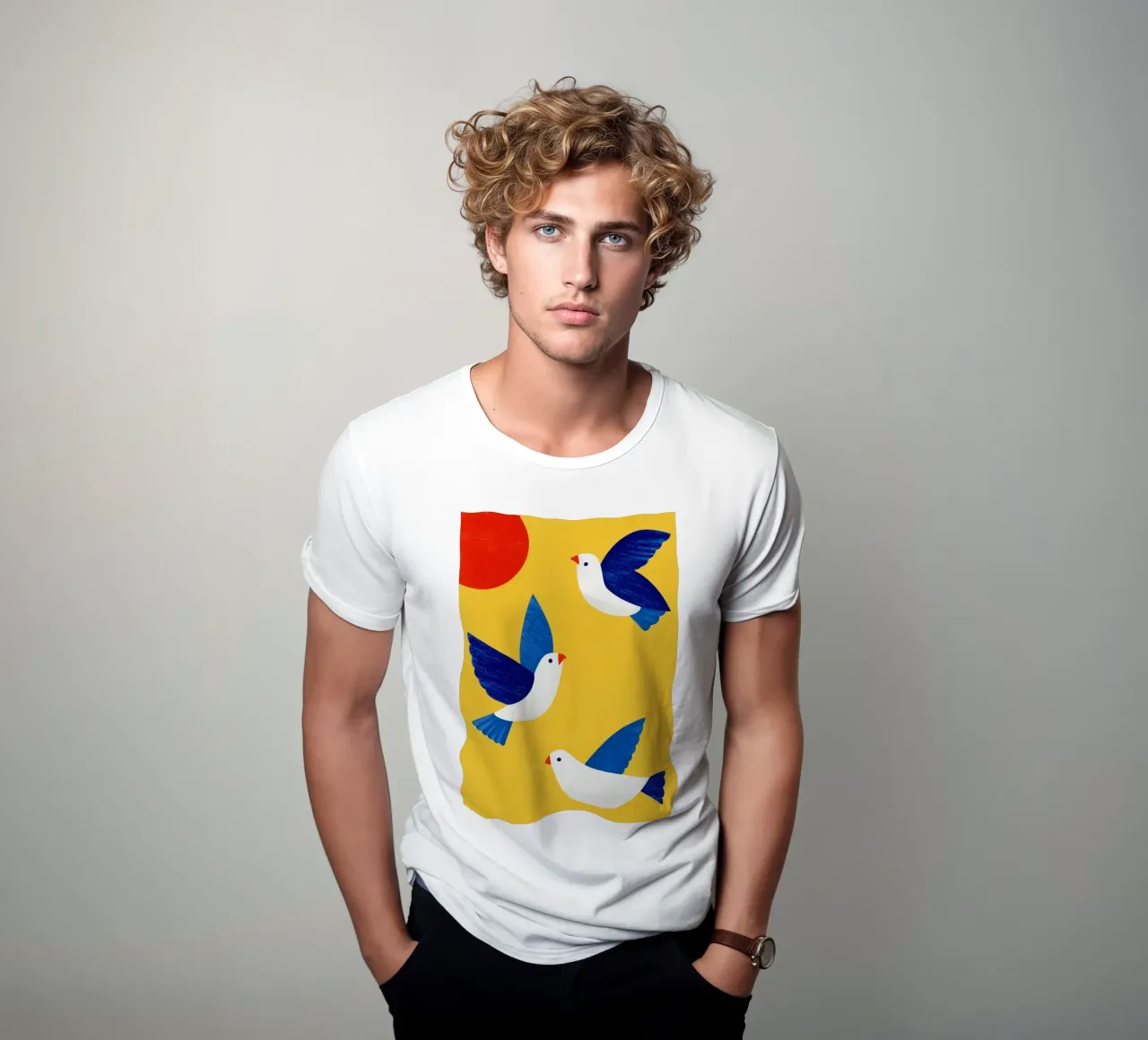 Minimal Blue and White Doves on Yellow t-shirt da Luca