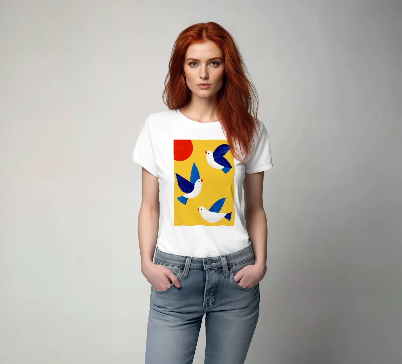 Minimal Blue and White Doves on Yellow t-shirt da Luca
