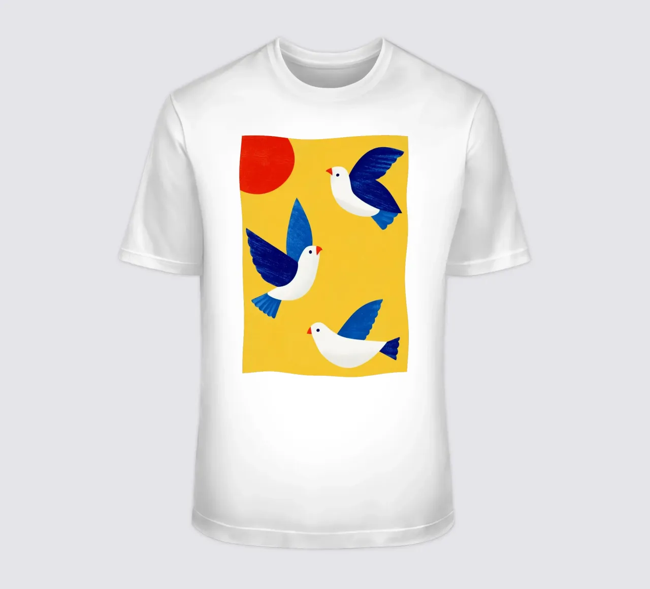 Minimal Blue and White Doves on Yellow t-shirt da Luca