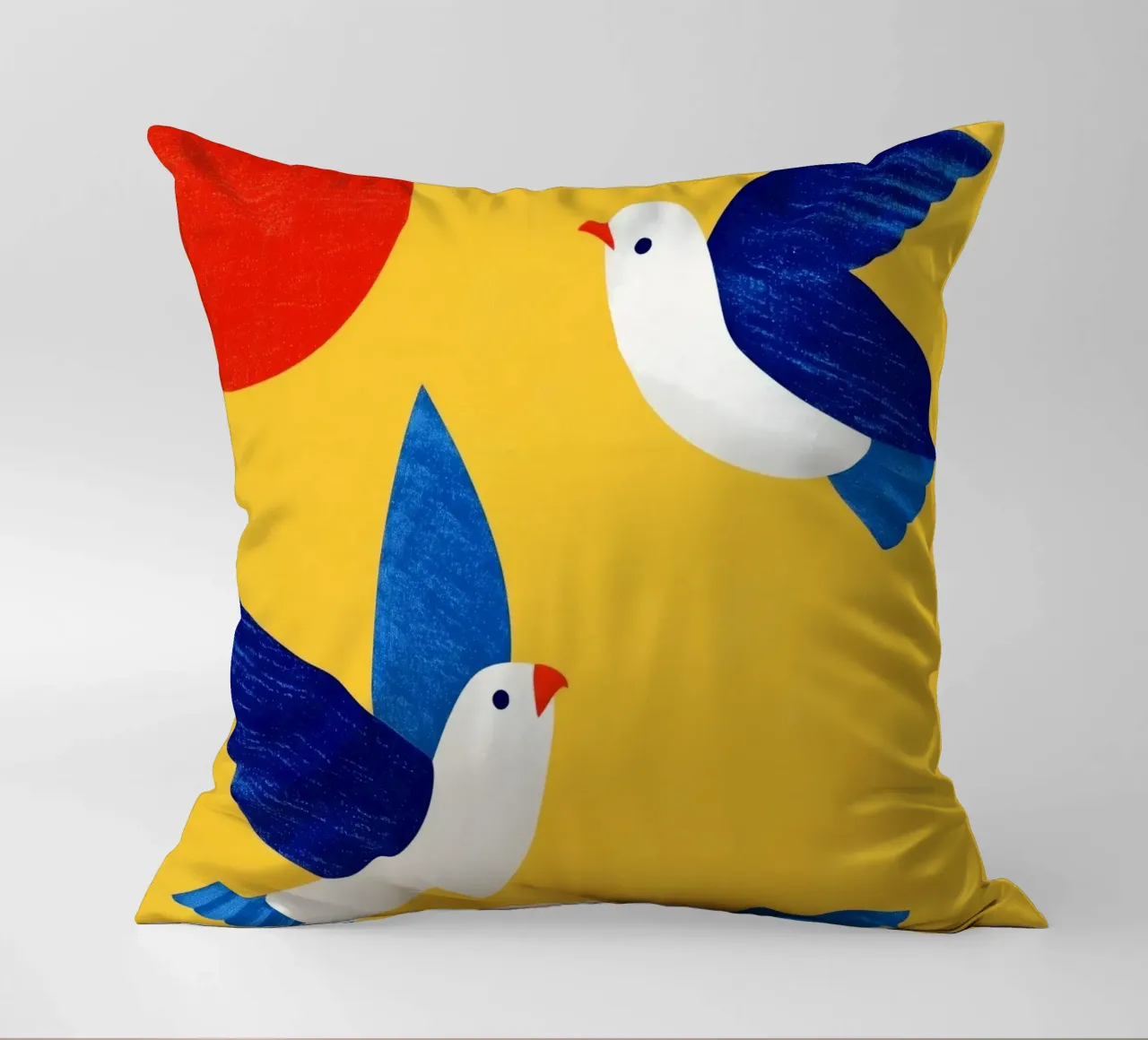 Minimal Blue and White Doves on Yellow cuscino da Luca