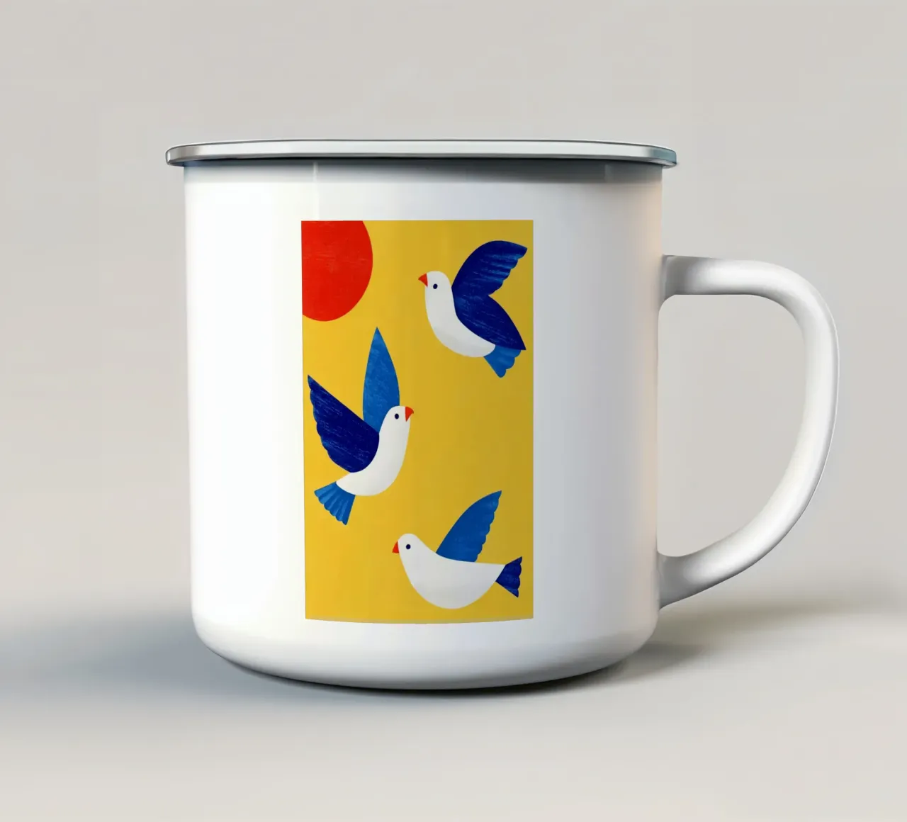 Minimal Blue and White Doves on Yellow tazza in smalto da Luca