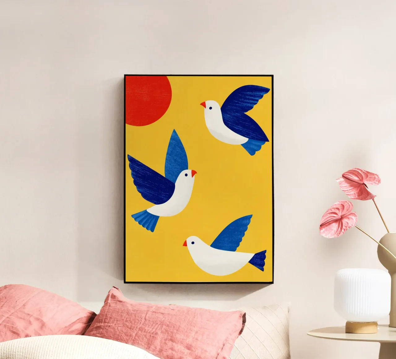 Minimal Blue and White Doves on Yellow plexiglass da Luca