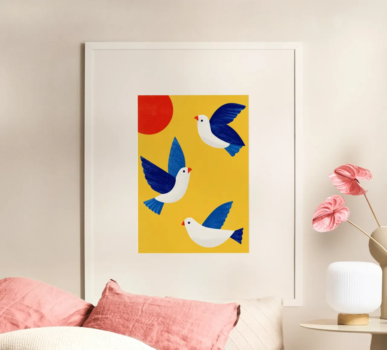 Minimal Blue and White Doves on Yellow carta hahnemühle da Luca