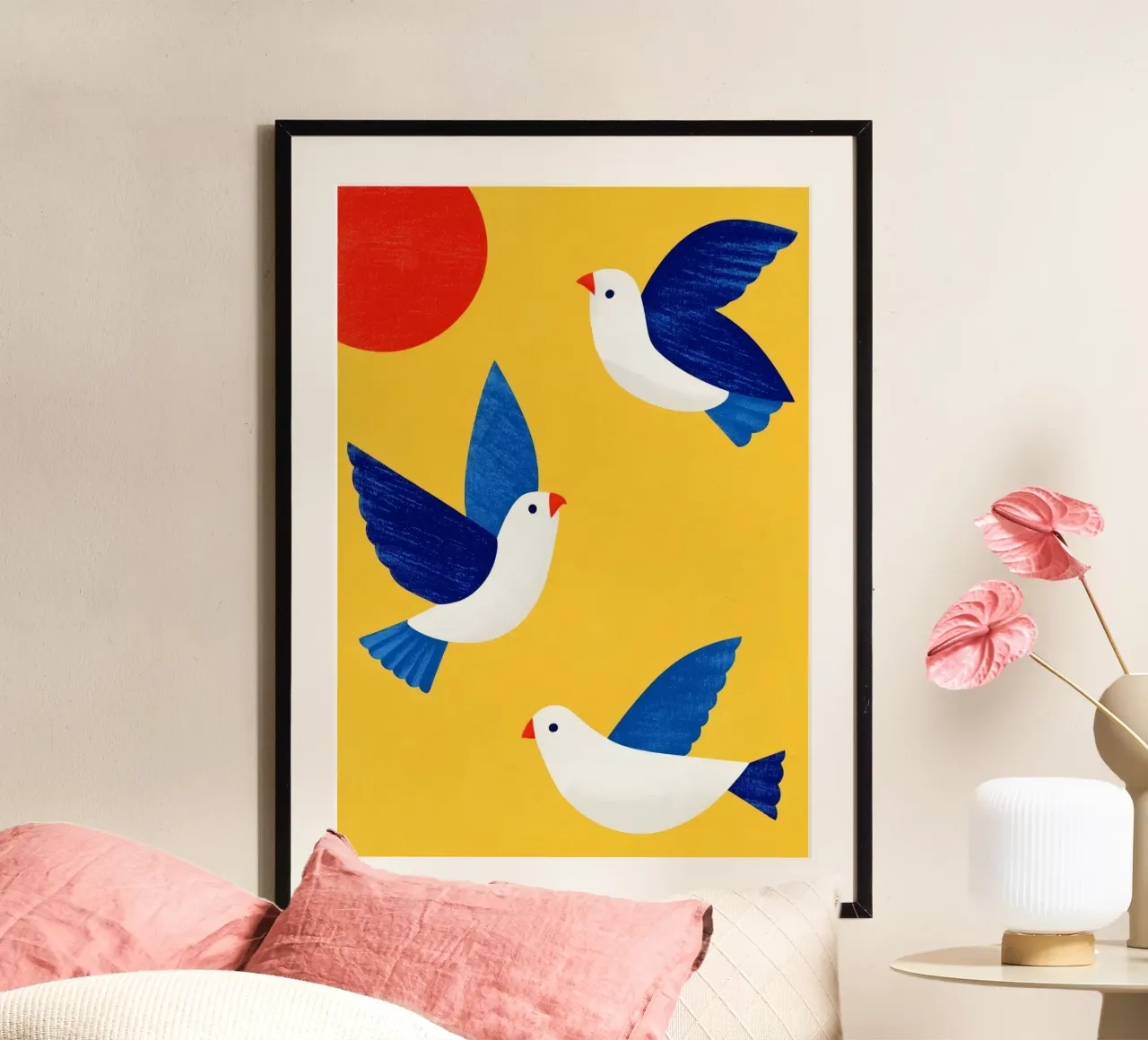 Minimal Blue and White Doves on Yellow carta hahnemühle da Luca