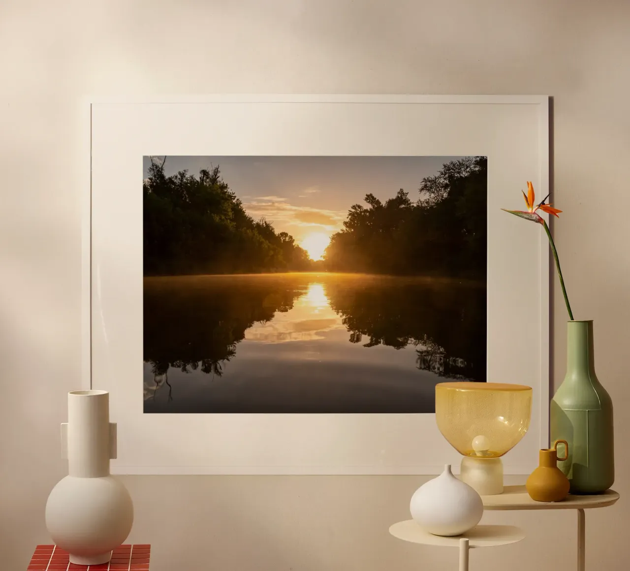 Tramonto che si riflette su un fiume carta hahnemühle da anderm