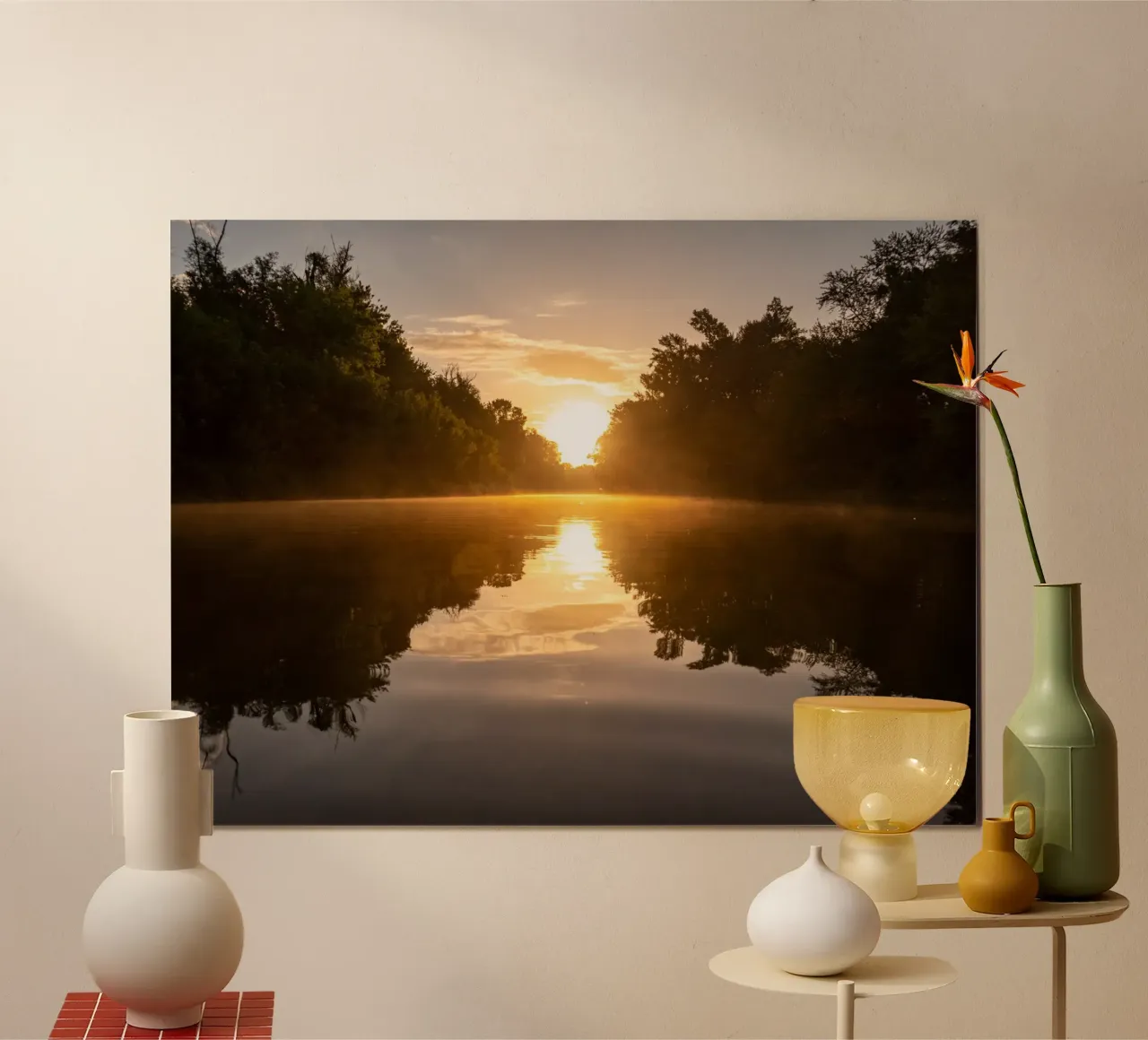 Tramonto che si riflette su un fiume carta hahnemühle da anderm
